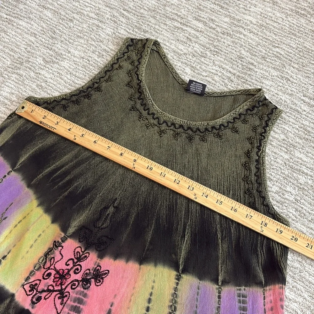 Fashion Force Embroidered Tie Dye Midi Tank Dress Free Size Rainbow Stripe Y2K
